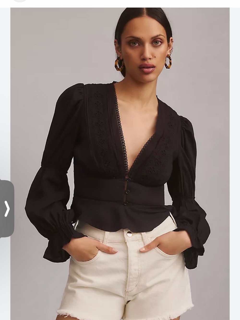 Reformation Meadowlark Deep V Lace-Trim Peplum Top